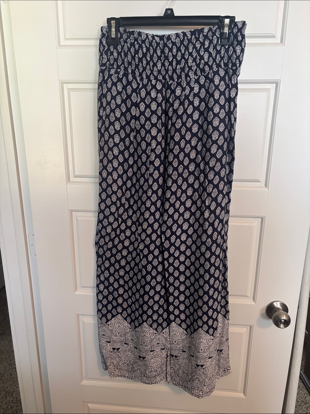 Navy Printed Wide-Leg Pants with Border Detail